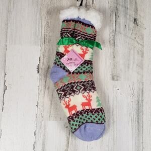 NWT Mari Clare Sherpa Lined Knit Winter Reindeer Design No-Slip Slipper Socks